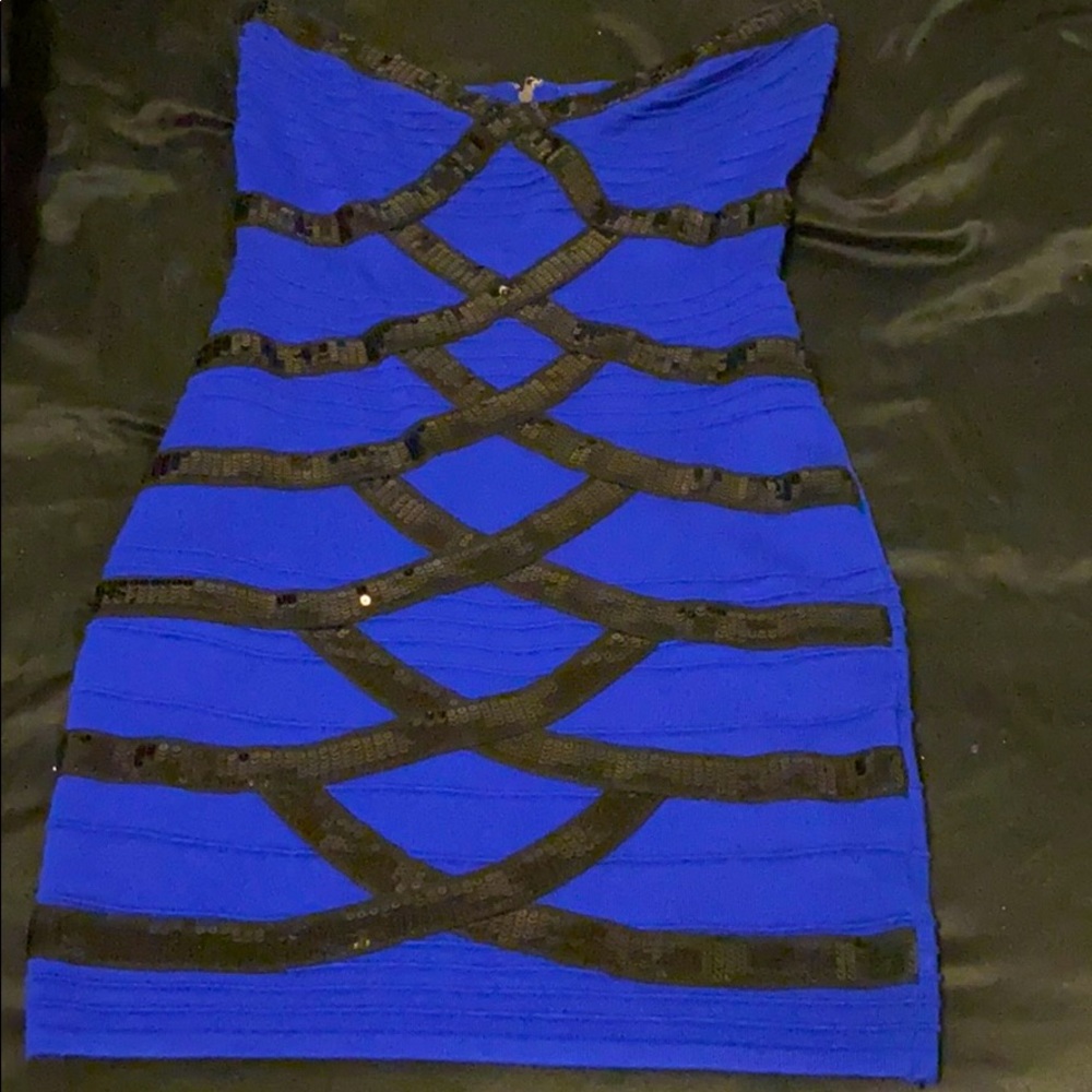 Royal blue and black strapless mini dress